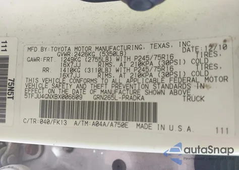 2011 Toyota Tacoma Prerunner V6 from USA, damaged, VIN 5TFJU4GNXBX006609
